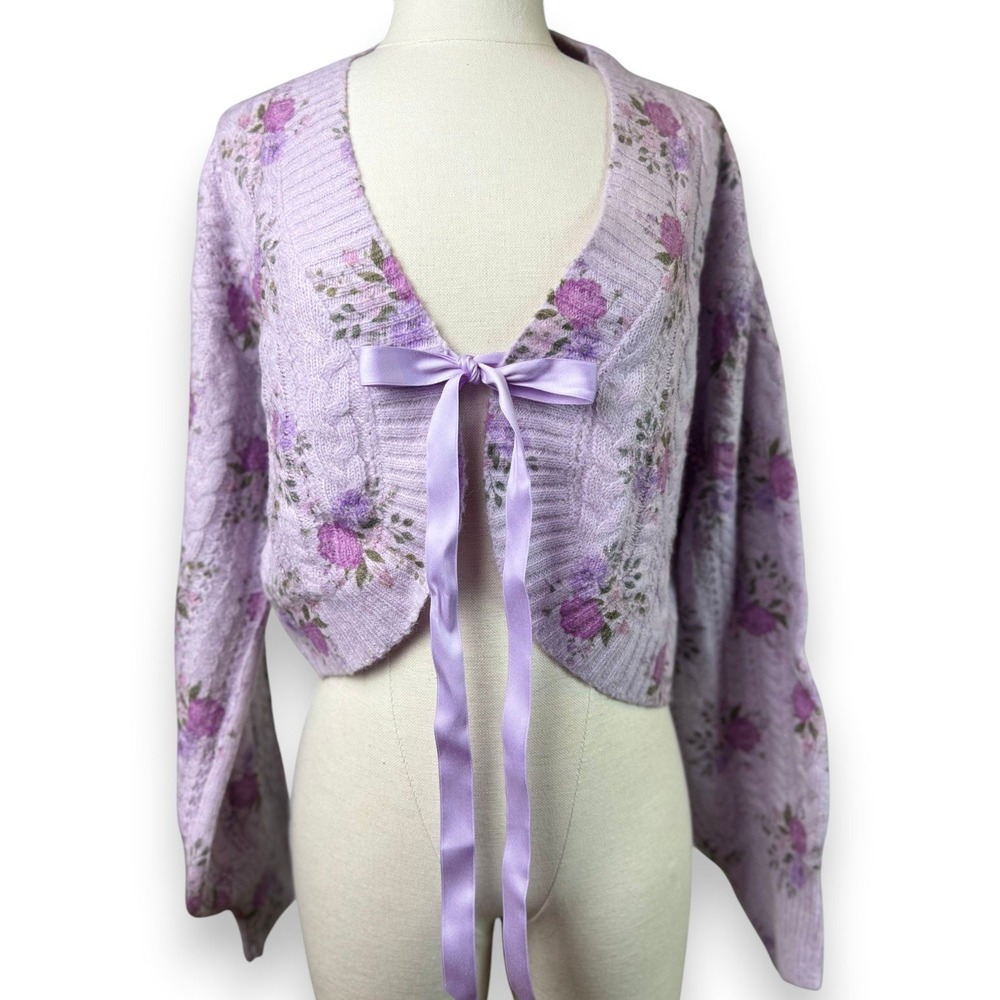 STORIA Floral Cable Knit Ribbon Tie Front Cropped Cardigan Sweater Lavender M